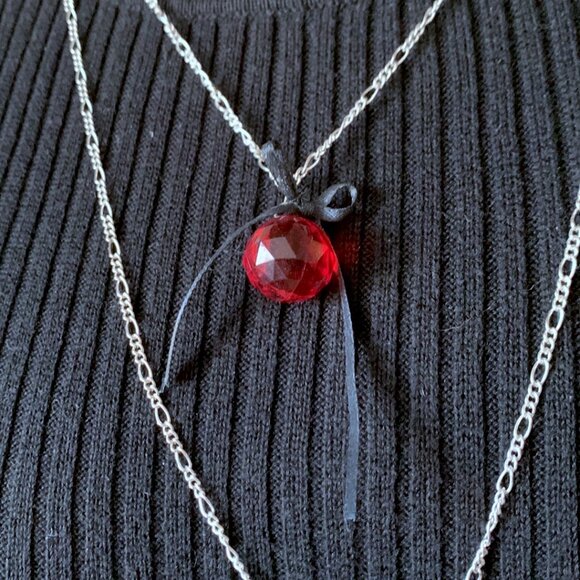CREATION - OPERA long necklace - Red & black Feather Ribbon Clear beads - Picture 7 of 7